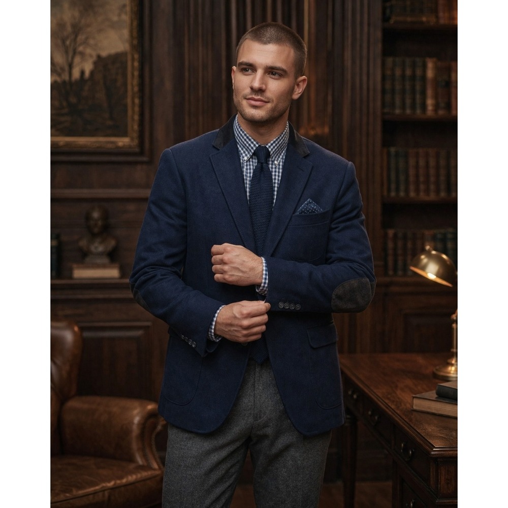 Savara Navy Blazer Men's EU 56 / US 46 – Elbow Patch Sport Coat Made in Turkey